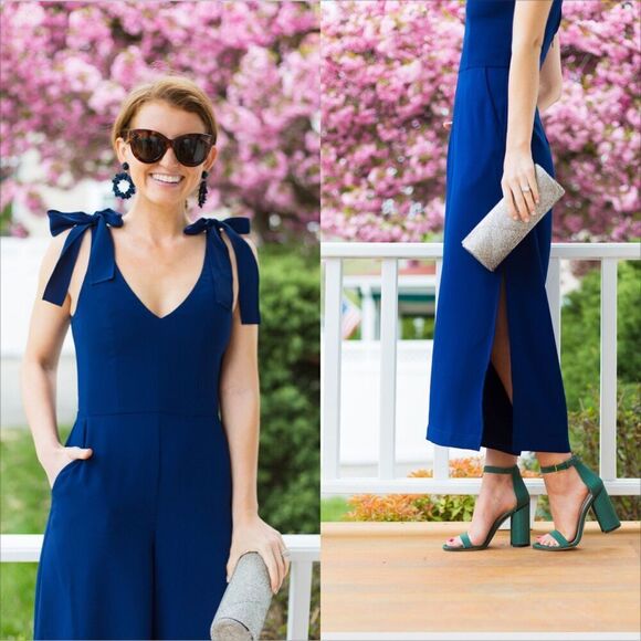 Amanda Uprichard Iris Jumpsuit Size Large Navy Blue Bow Blogger Fave Wide Leg - Picture 2 of 12